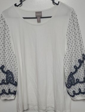 Chico's White Scoop Neck Top with Navy Embroidered Sheer Sleeves